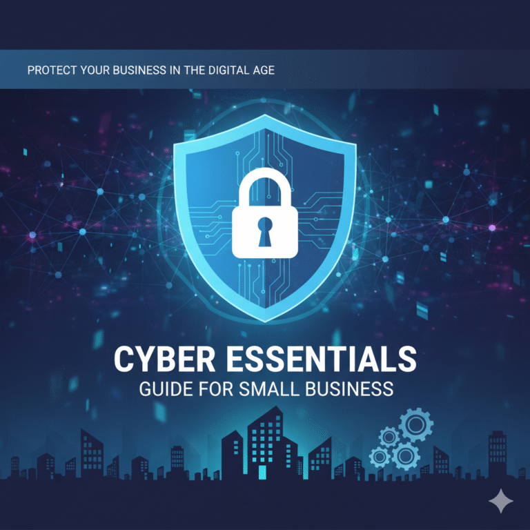 Cyber Essentials Guide for Small Business - Digital security shield protecting a city skyline, representing business protection.