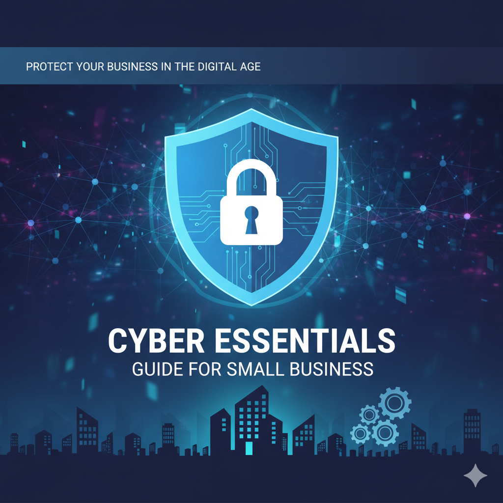 Cyber Essentials Guide for Small Business - Digital security shield protecting a city skyline, representing business protection.