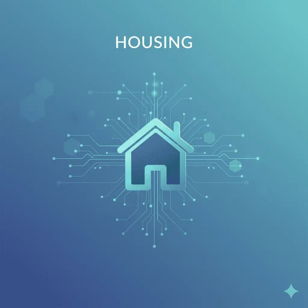 An infographic showing the word "housing" with a house.