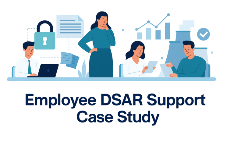 Data privacy and employee DSAR support illustration showing secure document review for HR